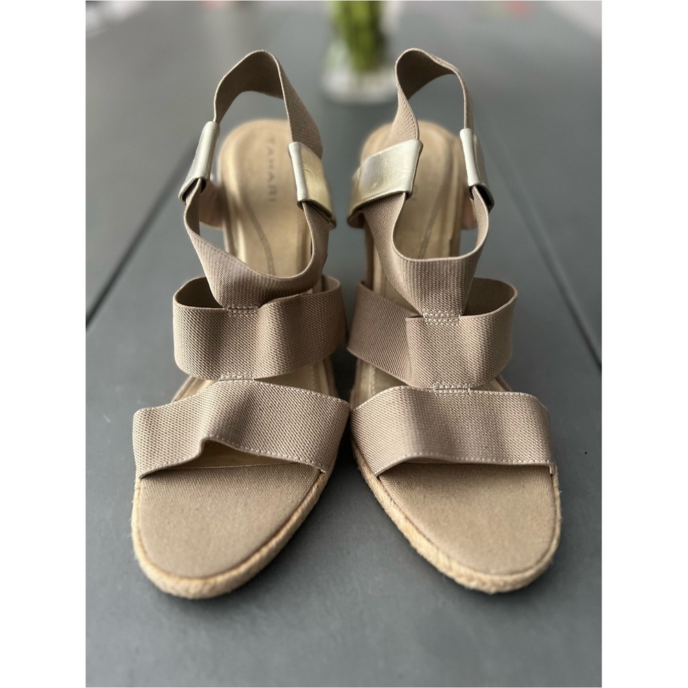 Tahari Wiley Taupe Elastic Strap Espadrille Wedge Sandals Women's Size 10M